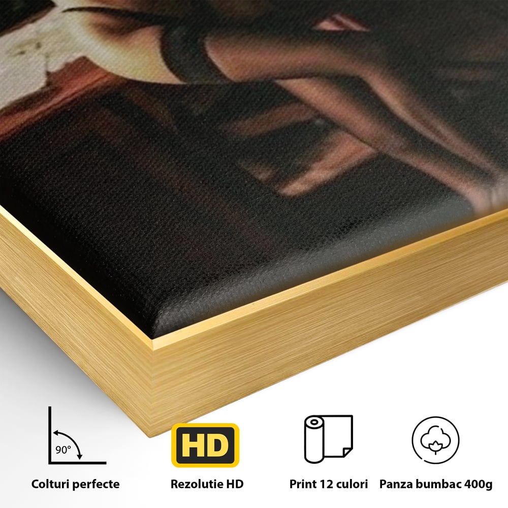 Detaliu al suprafetei: tablou canvas cu femeie si ziar, in rama de aluminiu auriu